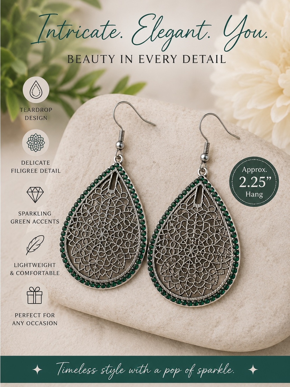paparazzi Teardrop Filigree Earrings with Green Accents